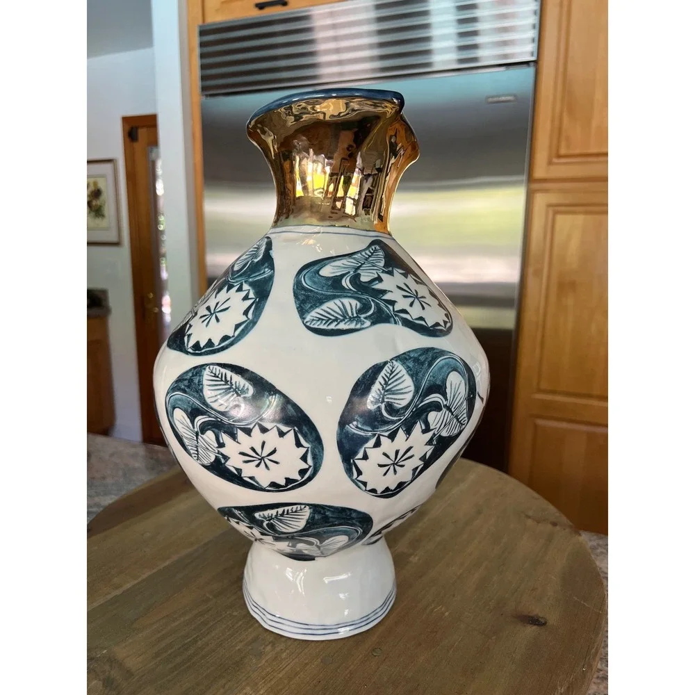 Ruan Hoffmann Anthropologie Dreambirds Wide Vase Navy Gold 14